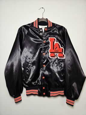 Vtg Satin Varsity Bomber Snap Letter Jacket Black Orange USA Medium Mens M/L